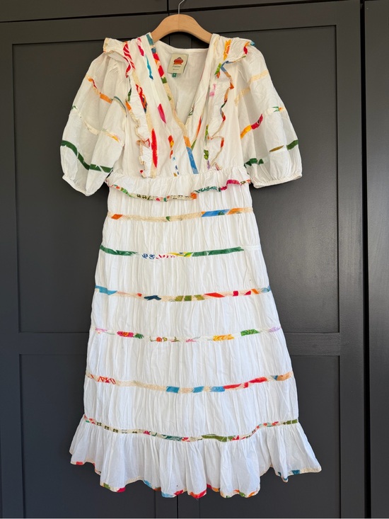FARM Rio Dresses & Skirts - FARM Rio White Tiered Cotton Dress with Multicolor Ribbon Detail | S